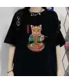 Samurai Cat Spaghetti Siyah Unisex Oversize T-Shirt