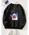 Shark Baskılı Siyah Unisex Oversize Bisiklet Yaka Sweatshirt