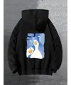 Sırt Baskılı Cute Duck Siyah Kapşonlu Sweatshirt