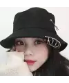 Siyah K-Pop Piercing Ve Çengelli İğne Modelli Bucket Şapka