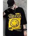 Siyah Renk Nirvana Baskılı Geniş Kesim Unisex Rock Metal T-Shirt