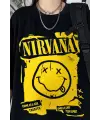 Siyah Renk Nirvana Baskılı Geniş Kesim Unisex Rock Metal T-Shirt