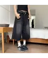 Siyah Yıkamalı Kumaş Y2K Unisex Baggy Oversize Kalıp Kot Pantolon Şort