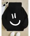 Smile Back Baskılı Siyah Kapşonlu Sweatshirt