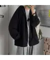 Sokak Tarzı Düz Oversize Siyah Unisex Kapşonlu Hırka