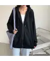 Sokak Tarzı Düz Oversize Siyah Unisex Kapşonlu Hırka