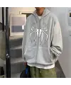Spider Baskılı Oversize Fermuarlı Gri Unisex Kapüşonlu Hırka