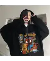 Spider-Cat Baskılı Oversize Fermuarlı Siyah Unisex Kapüşonlu Hırka