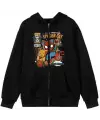 Spider-Cat Baskılı Oversize Fermuarlı Siyah Unisex Kapüşonlu Hırka