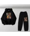 Spider-Cat Baskılı Siyah Oversize Kapüşonlu Sweatshirt & Eşofman Altı Unisex İkili Takım