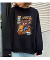 Spider-Cat Baskılı Siyah Unisex Oversize Bisiklet Yaka Sweatshirt