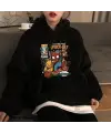 Spider-Cat Baskılı Siyah Unisex Oversize Kapüşonlu Sweatshirt