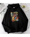 Spider-Cat Baskılı Siyah Unisex Oversize Kapüşonlu Sweatshirt