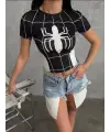 Spider Dijital Baskılı Crop Bluz