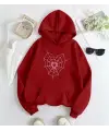 Spider Heart Taş İşleme Detail Baskılı Kırmızı Kapşonlu Sweatshirt