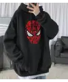 Spider-Man Head Baskılı Siyah Unisex Oversize Kapüşonlu Sweatshirt