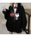 Spider-Man & Hello Kitty Baskılı Oversize Fermuarlı Siyah Unisex Kapüşonlu Hırka