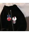 Spider-Man & Hello Kitty Baskılı Oversize Fermuarlı Siyah Unisex Kapüşonlu Hırka