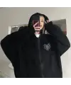 Spider Web Heart Baskılı Oversize Fermuarlı Siyah Unisex Kapüşonlu Hırka