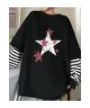 Star Baskılı Unisex Fake Uzun Kollu Siyah T-Shirt