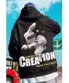 Street Wear Alien Rabbit Baskılı Oversize Unisex Siyah Kapşonlu Hoodie Sweatshirt