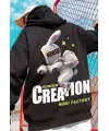 Street Wear Alien Rabbit Baskılı Oversize Unisex Siyah Kapşonlu Hoodie Sweatshirt