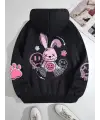 Street Wear Cartoon Rabbit Baskılı Oversize Unisex Siyah Kapşonlu Hoodie Sweatshirt