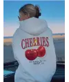 Street Wear Cherry Baskılı Oversize Unisex Ecru Kapşonlu Hoodie Sweatshirt