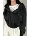 Streetwear Fermuarlı Uzun Kollu Siyah Crop Hırka