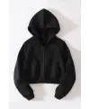 Streetwear Fermuarlı Uzun Kollu Siyah Crop Hırka