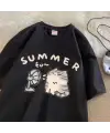 Summer Cat Baskılı Beyaz Unisex Oversize T-Shirt