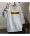 Thrasher Baskılı Siyah Unisex Oversize Bisiklet Yaka Sweatshirt