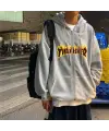 Thrasher Baskılı Oversize Fermuarlı Gri Unisex Kapüşonlu Hırka