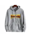 Thrasher Baskılı Oversize Fermuarlı Gri Unisex Kapüşonlu Hırka