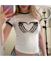 Toptan Gothic Heart Baskılı Şeritli Bluz Body Crop