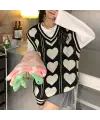 Touz Kawaii Harajuku Kalp Desenli V Yaka Oversize Süveter