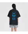 Triple Blue Butterfly Sırt Baskılı Unisex Eskitme T-Shirt