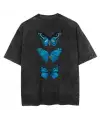 Triple Blue Butterfly Sırt Baskılı Unisex Eskitme T-Shirt