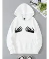 Unisex Skeleton Hand Baskılı Kapşonlu Beyaz Sweatshirt