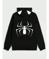 Unisex Spider Baskılı Kapşonlu Siyah Sweatshirt