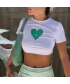 Vintage Green Heart Baskılı Beyaz Crop