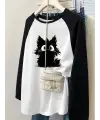 Vintage Reglan Uzun Kollu Black Cat Baskılı Beyaz T-Shirt