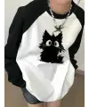 Vintage Reglan Uzun Kollu Black Cat Baskılı Beyaz T-Shirt