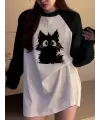 Vintage Reglan Uzun Kollu Black Cat Baskılı Beyaz T-Shirt