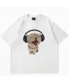 Y2k Kulaklıkla Müzik Dinleyen Kedi Baskılı Beyaz Unisex Oversize T-Shirt