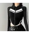 Y2k Moto Biker Şeritli Uzun Kol Baskılı Crop Bluz