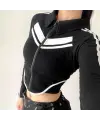 Y2k Moto Biker Şeritli Uzun Kol Baskılı Crop Bluz