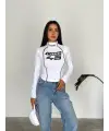 Y2K Moto Race Beyaz Uzun Kollu Bluz Crop