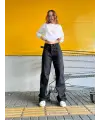 Y2K Newstyle Baskılı Wide Leg Jean Bol Paça Siyah Kot Pantolon