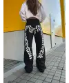 Y2K Newstyle Baskılı Wide Leg Jean Bol Paça Siyah Kot Pantolon